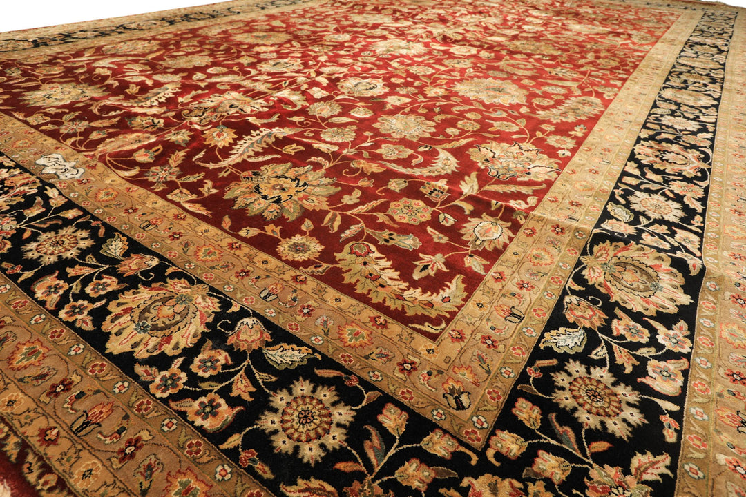 Palace Maroon, Black, Taupe Color Hand Knotted Agra New Zealand Wool &amp; Silk Traditional Oriental Rug