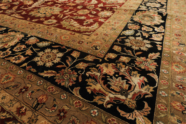 Palace Maroon, Black, Taupe Color Hand Knotted Agra New Zealand Wool &amp; Silk Traditional Oriental Rug