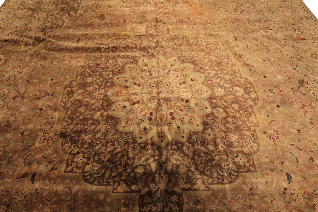 Palace Tan, Sage, Brown Color Hand Knotted Indo Persian Wool Transitional Oriental Rug
