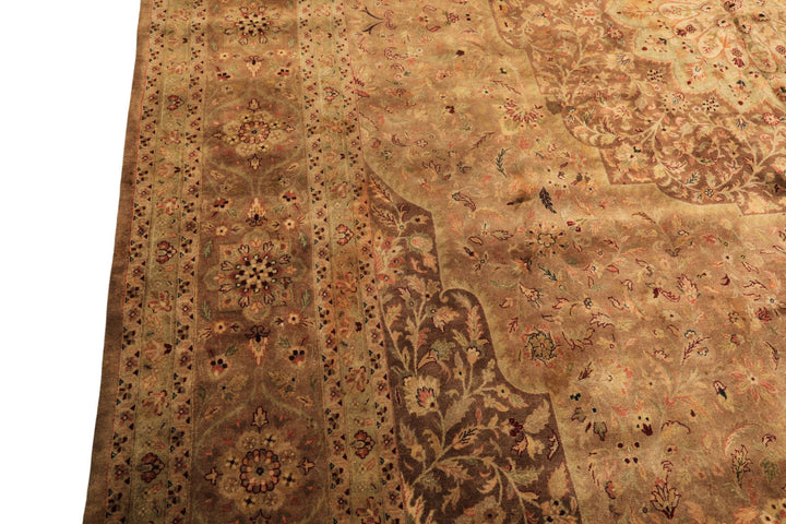 Palace Tan, Sage, Brown Color Hand Knotted Indo Persian Wool Transitional Oriental Rug