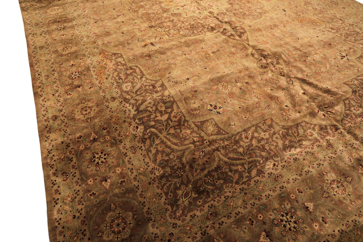 Palace Tan, Sage, Brown Color Hand Knotted Indo Persian Wool Transitional Oriental Rug