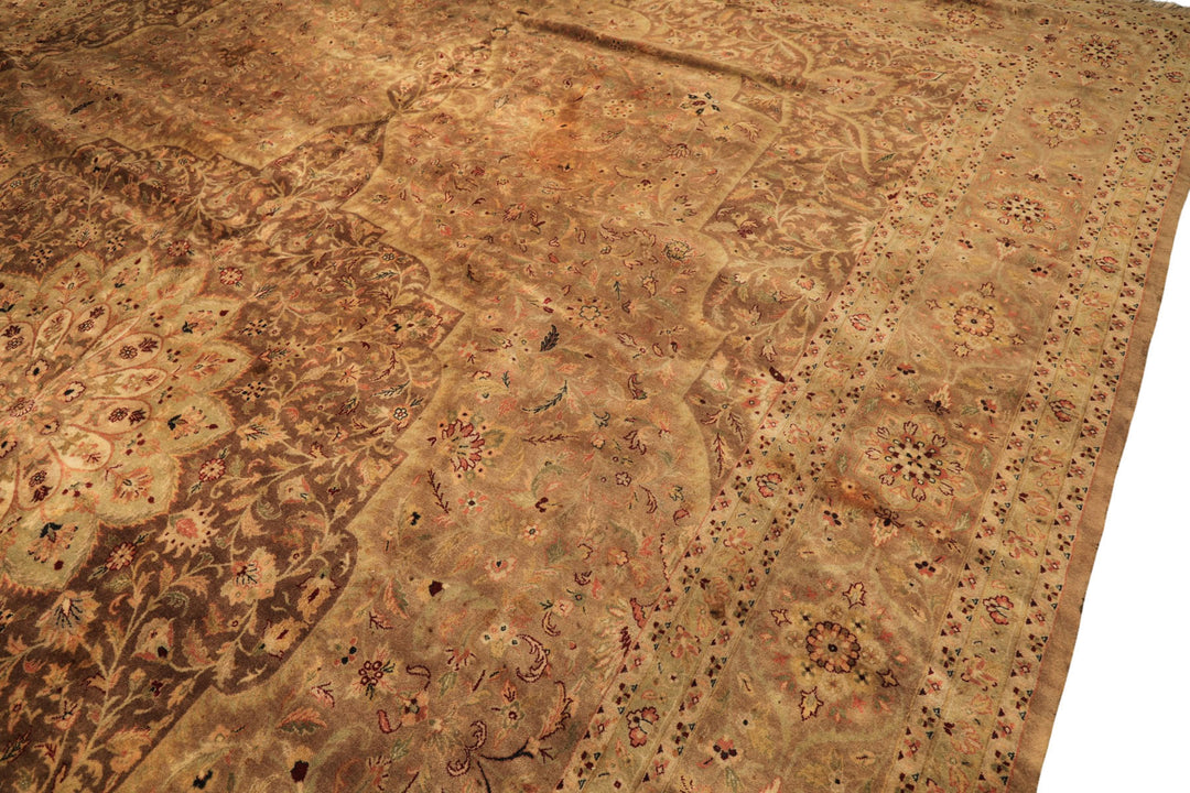 Palace Tan, Sage, Brown Color Hand Knotted Indo Persian Wool Transitional Oriental Rug