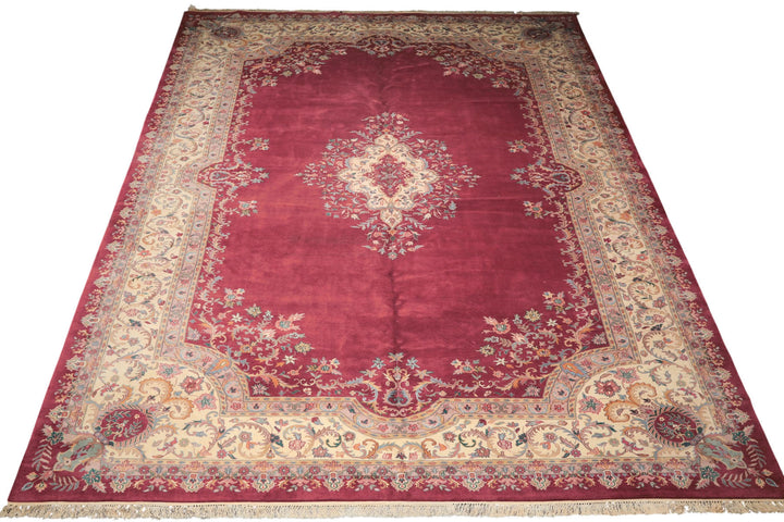 12x18 Plum, Ivory, Blue Color Hand Knotted Kerman Wool Traditional Oriental Rug