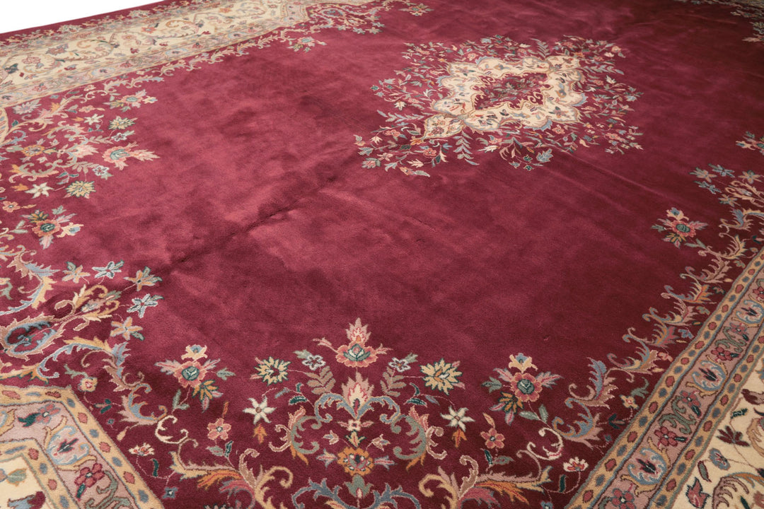 12x18 Plum, Ivory, Blue Color Hand Knotted Kerman Wool Traditional Oriental Rug