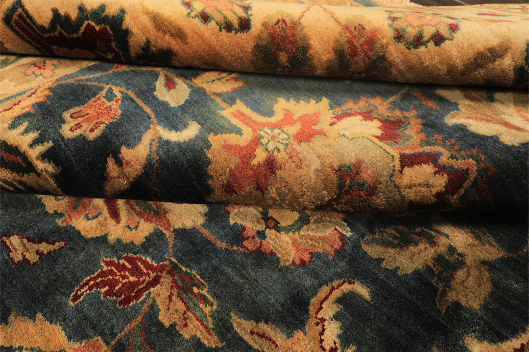 Palace Teal, Beige, Gold Color Hand Knotted Agra New Zealand Wool Traditional Oriental Rug