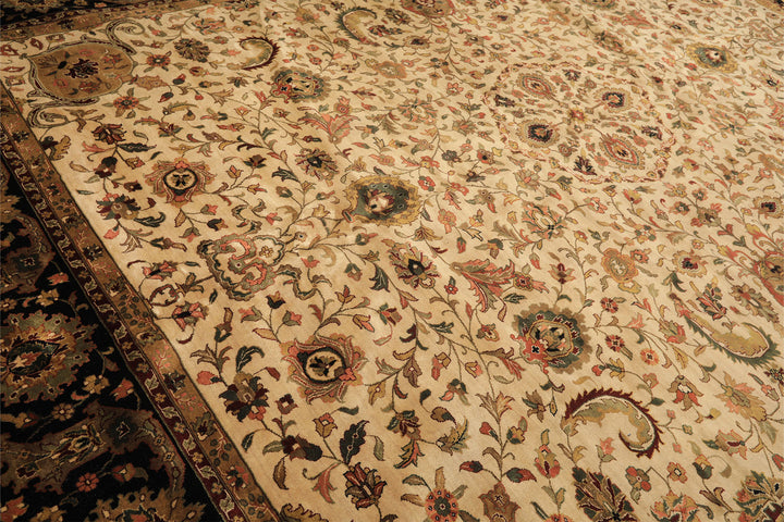 Palace Beige, Black, Maroon Color Hand Knotted Agra New Zealand Wool Traditional Oriental Rug