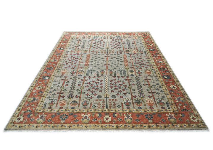 10x14 Light Blue, Burnt Orange, Lime Color Hand Knotted Oushak Wool Transitional Oriental Rug