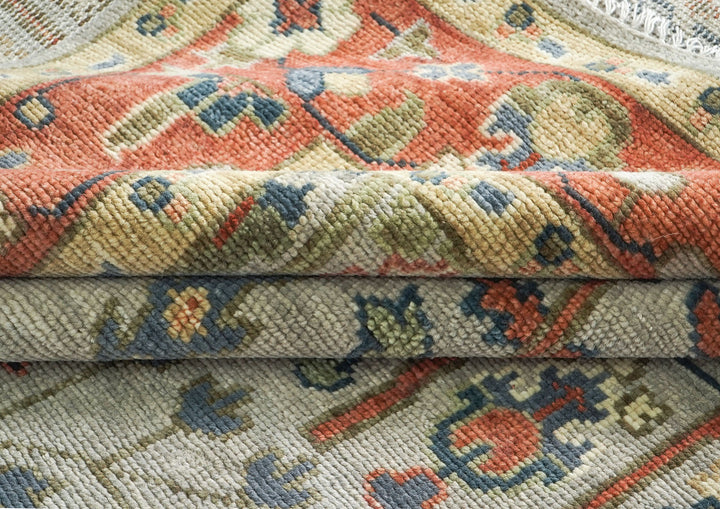 10x14 Light Blue, Burnt Orange, Lime Color Hand Knotted Oushak Wool Transitional Oriental Rug