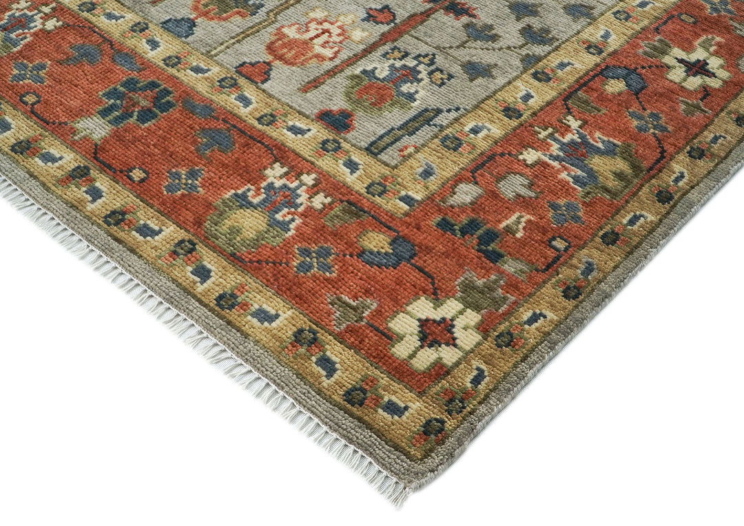 10x14 Light Blue, Burnt Orange, Lime Color Hand Knotted Oushak Wool Transitional Oriental Rug
