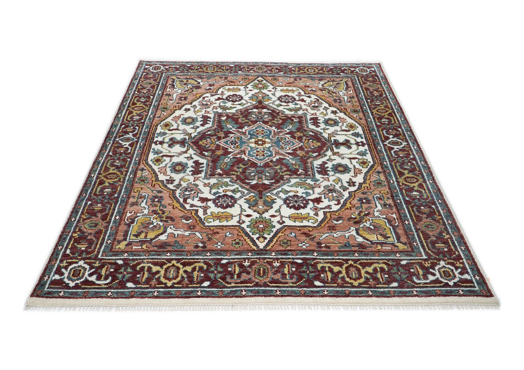 8x10 Ivory, Maroon, Blush Color Hand Knotted Oushak Wool Traditional Oriental Rug
