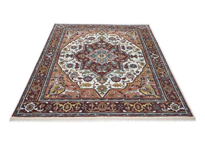 8x10 Ivory, Maroon, Blush Color Hand Knotted Oushak Wool Traditional Oriental Rug