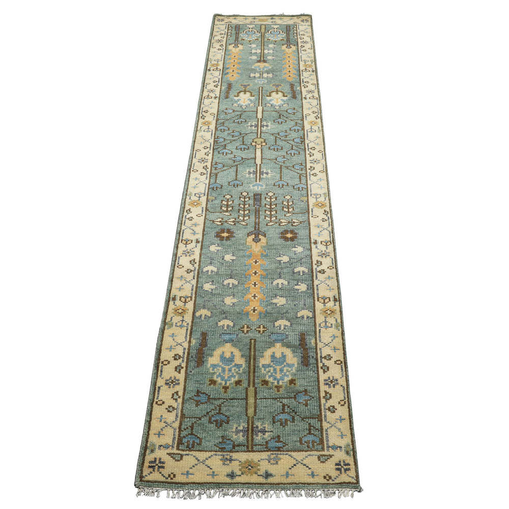 Runner Celadon, Ivory, Brown Color Hand Knotted Oushak Wool Traditional Oriental Rug