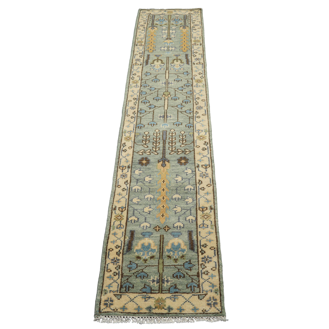 Runner Celadon, Ivory, Brown Color Hand Knotted Oushak Wool Traditional Oriental Rug