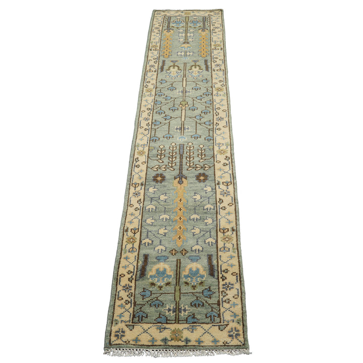 Runner Celadon, Ivory, Brown Color Hand Knotted Oushak Wool Traditional Oriental Rug