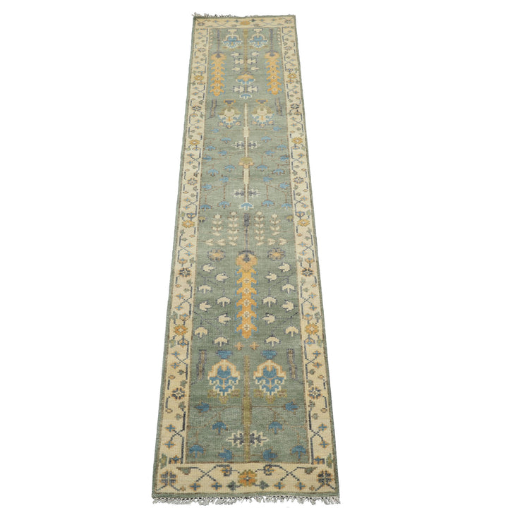 Runner Celadon, Ivory, Caramel Color Hand Knotted Oushak Wool Traditional Oriental Rug