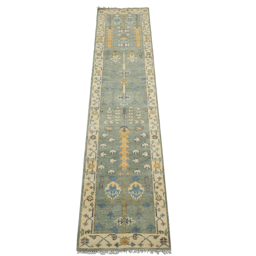 2'6x12 Celadon, Ivory, Caramel Color Hand Knotted Oushak Wool Traditional Oriental Rug