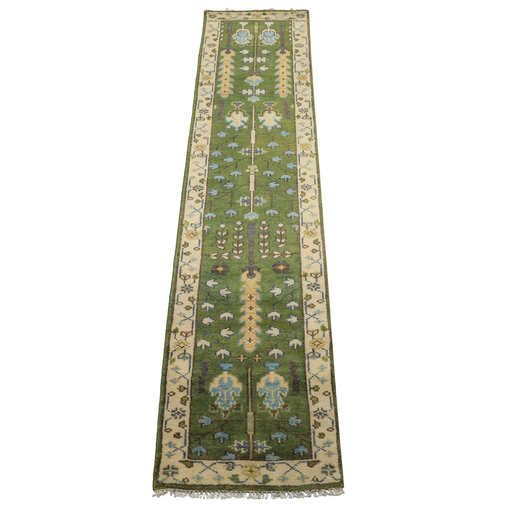 Runner Green, Ivory, Brown Color Hand Knotted Oushak Wool Traditional Oriental Rug