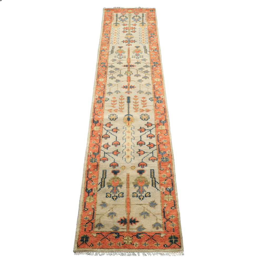 Runner Beige, Burnt Orange, Lime Color Hand Knotted Oushak Wool Traditional Oriental Rug