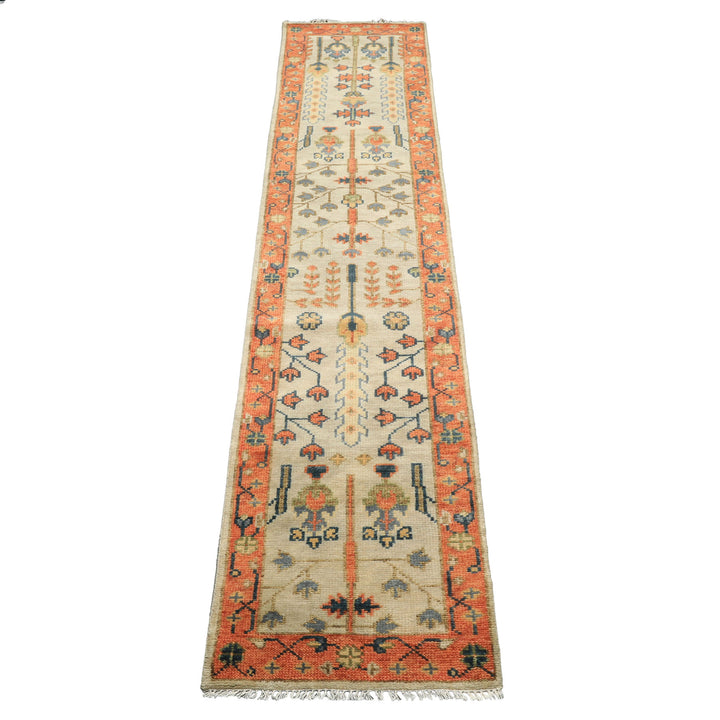 Runner Beige, Burnt Orange, Lime Color Hand Knotted Oushak Wool Traditional Oriental Rug