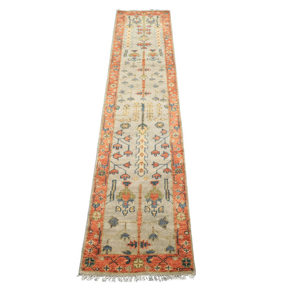 Runner Gray, Mint, Beige Color Hand Knotted Oushak Wool Traditional Oriental Rug
