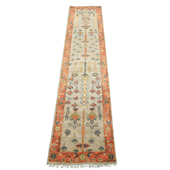 Runner Gray, Mint, Beige Color Hand Knotted Oushak Wool Traditional Oriental Rug
