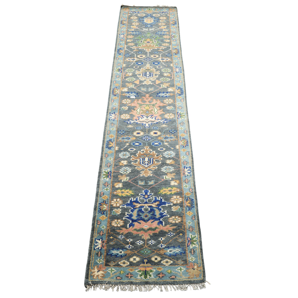 Runner Slate, Aqua, Navy Color Hand Knotted Oushak Wool Traditional Oriental Rug