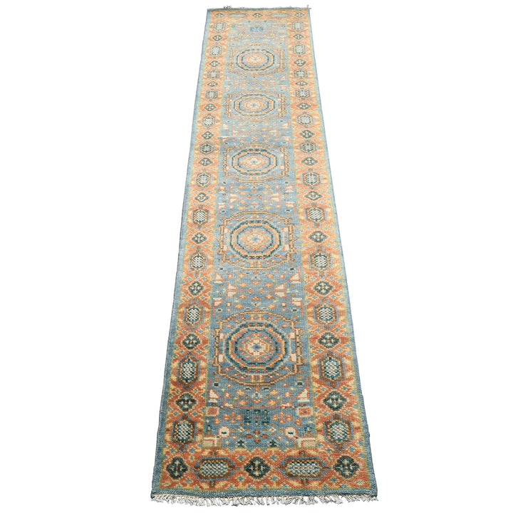 Runner Aqua, Burnt Orange, Lime Color Hand Knotted Oushak Wool Traditional Oriental Rug