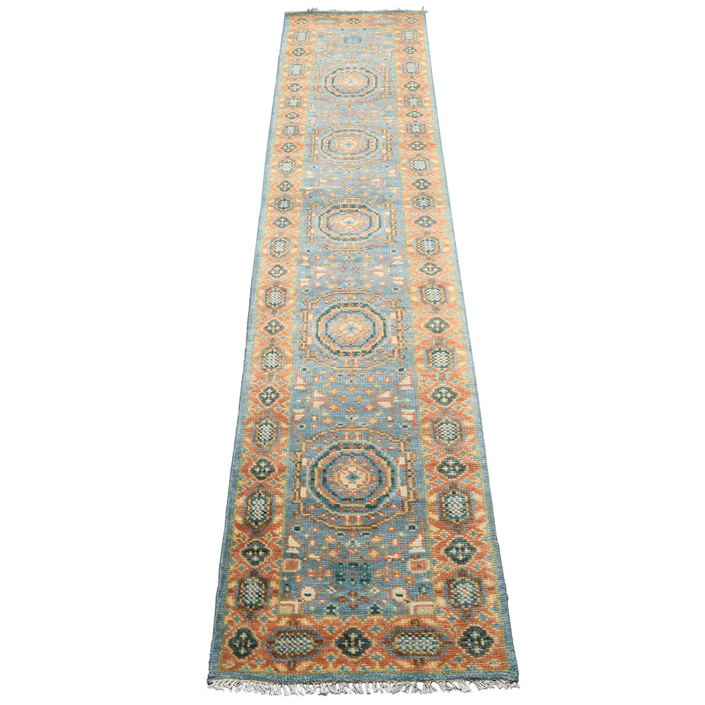 2'6x12 Aqua, Burnt Orange, Lime Color Hand Knotted Oushak Wool Traditional Oriental Rug
