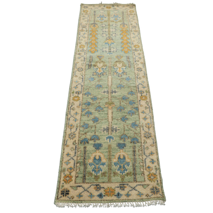 Runner Mint, Ivory, Gold Color Hand Knotted Oushak Wool Traditional Oriental Rug