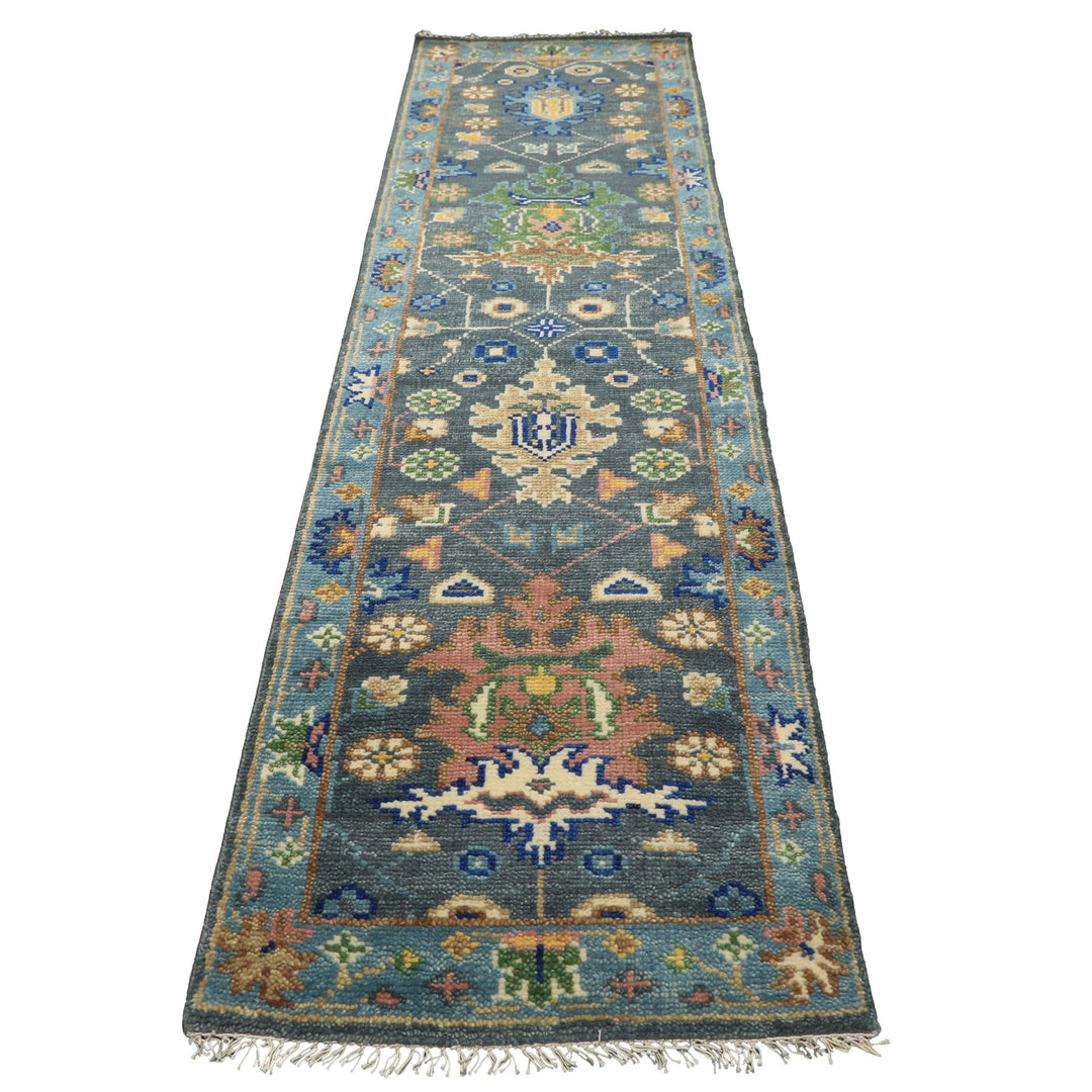 Runner Slate, Blue, Blush Color Hand Knotted Oushak Wool Traditional Oriental Rug
