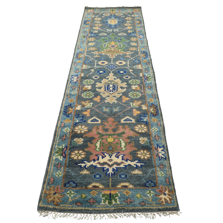 Runner Slate, Blue, Blush Color Hand Knotted Oushak Wool Traditional Oriental Rug