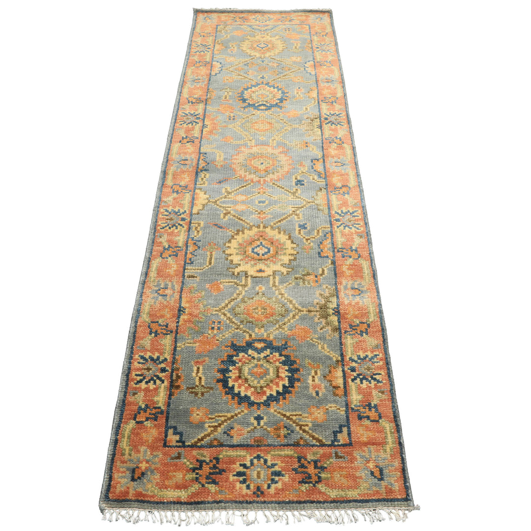 Runner Slate, Blue, Peach Color Hand Knotted Oushak Wool Traditional Oriental Rug