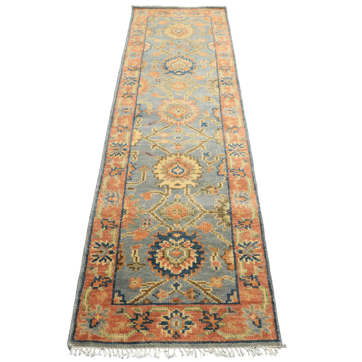 Runner Slate, Blue, Peach Color Hand Knotted Oushak Wool Traditional Oriental Rug