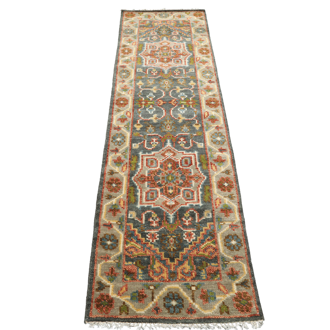 Runner Teal, Gray, Rust Color Hand Knotted Oushak Wool Traditional Oriental Rug