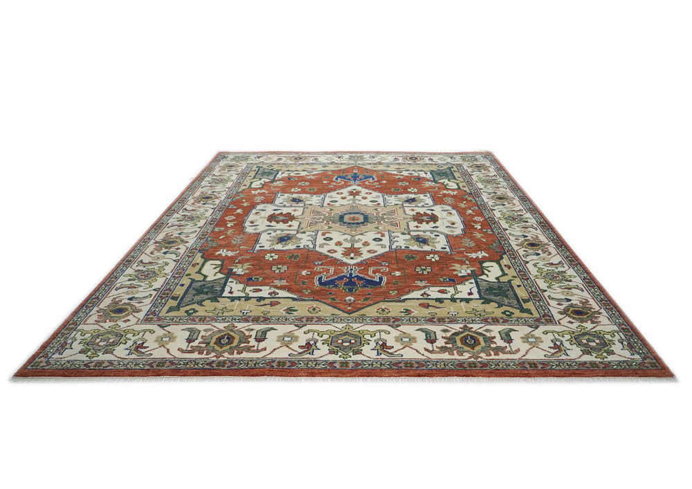 12x15 Burnt Orange, Ivory, Navy Color Hand Knotted Oushak Wool  Oriental Rug