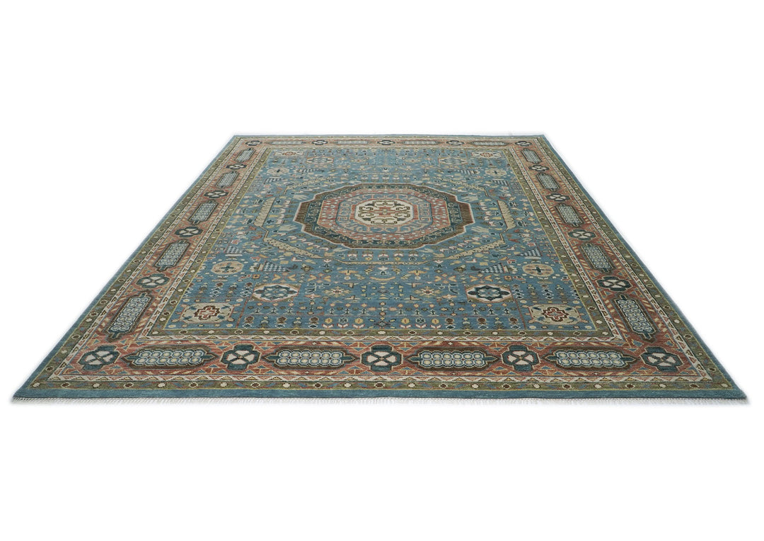 Palace Blue, Rust, Green Color Hand Knotted Oushak Wool Traditional Oriental Rug