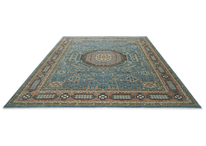 Palace Blue, Rust, Green Color Hand Knotted Oushak Wool Traditional Oriental Rug
