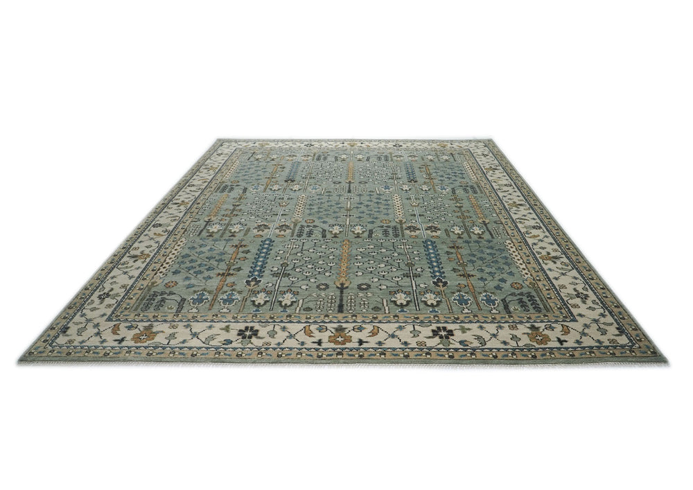 12x15 Celadon, Beige, Brown Color Hand Knotted Oushak Wool Transitional Oriental Rug