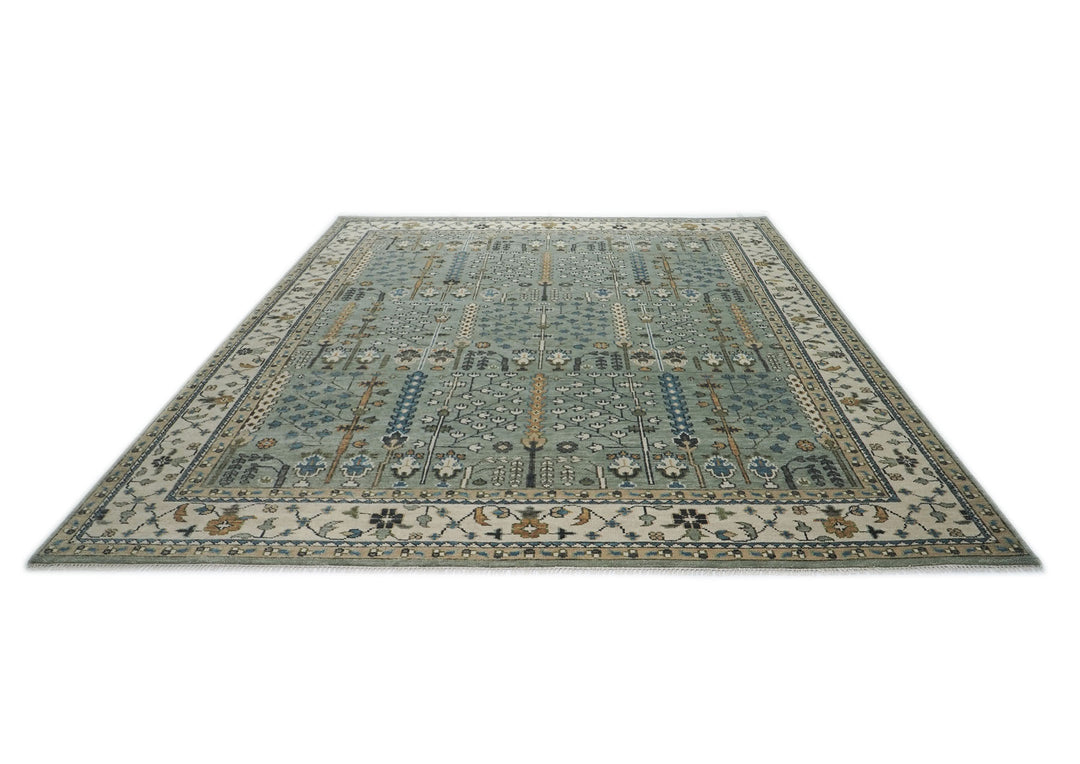 Palace Celadon, Beige, Brown Color Hand Knotted Oushak Wool Transitional Oriental Rug