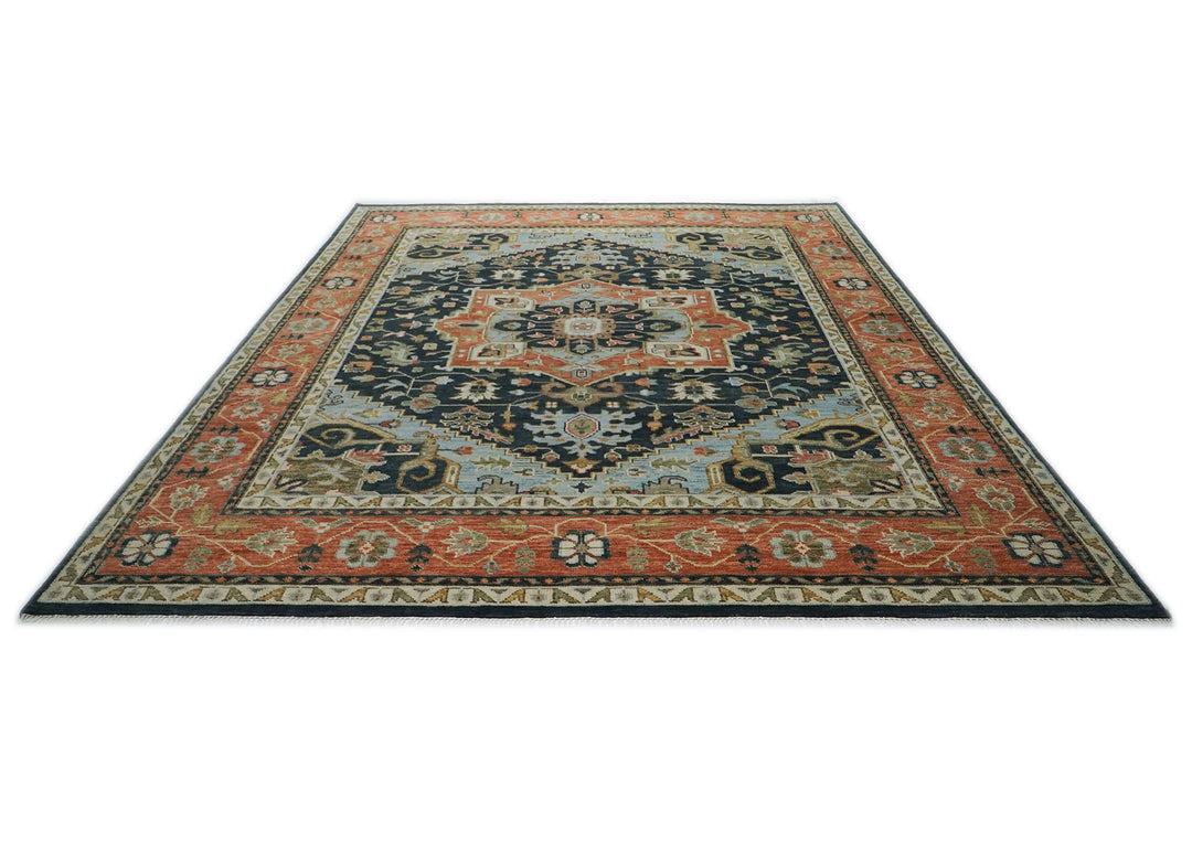 Palace Blue, Burnt Orange, Ivory Color Hand Knotted Oushak Wool  Oriental Rug