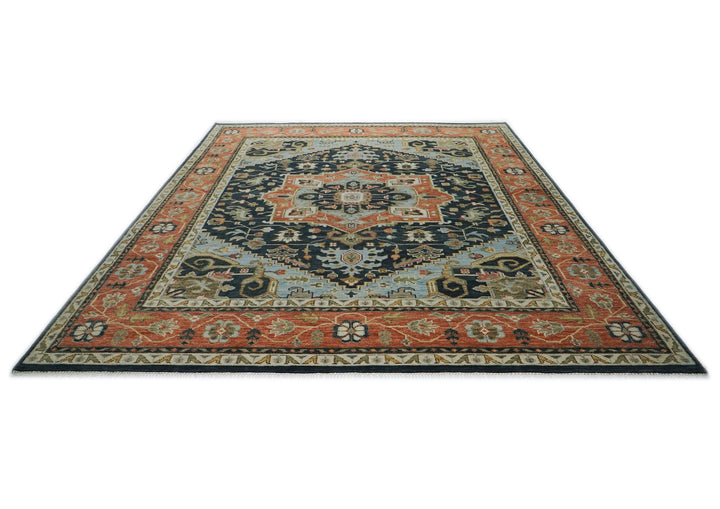 Palace Blue, Burnt Orange, Ivory Color Hand Knotted Oushak Wool  Oriental Rug