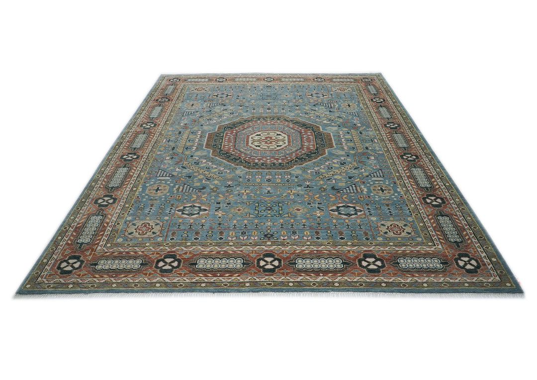 Palace Blue, Rust, Ivory Color Hand Knotted Oushak Wool Traditional Oriental Rug