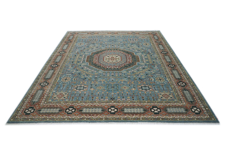 Palace Blue, Rust, Ivory Color Hand Knotted Oushak Wool Traditional Oriental Rug