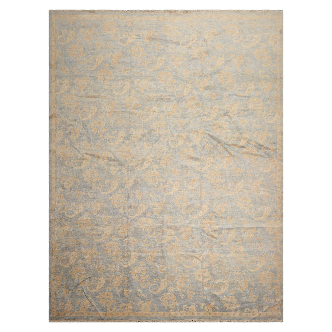 Antique Tibetan Wool Hand Knotted Oriental Area Rug Light Blue Beige 9x12