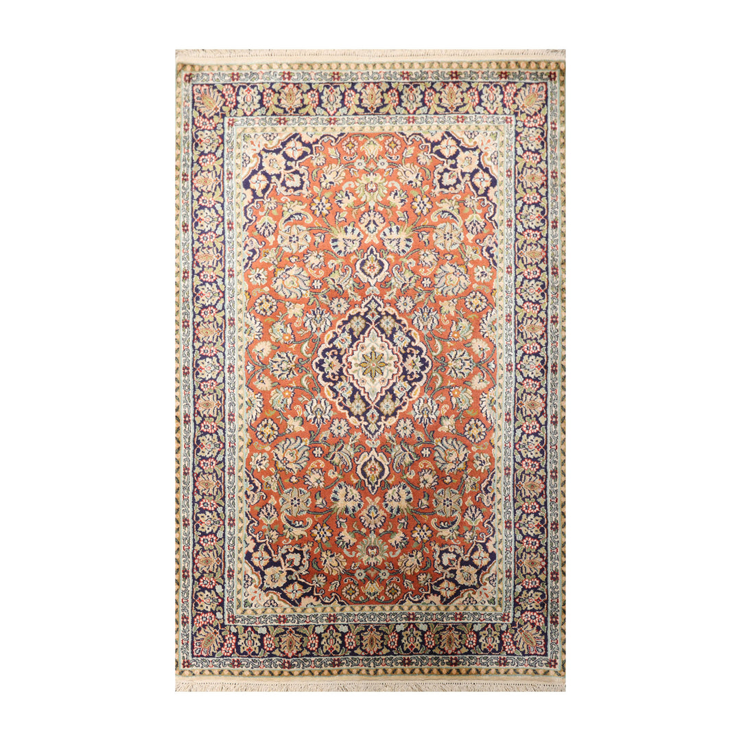 100% Silk Traditional 350 KPSI Hand Knotted Oriental Area Rug Orange Navy 3x5