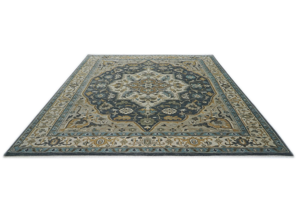 Palace Blue, Gray, Beige Color Hand Knotted Oushak Wool  Oriental Rug