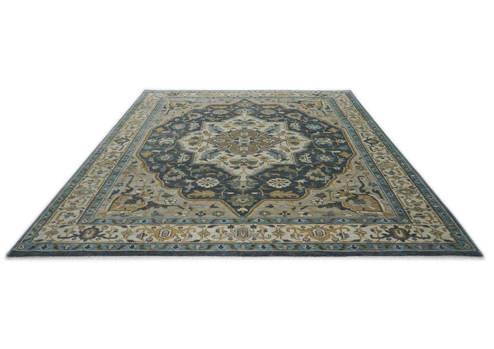 Palace Blue, Gray, Beige Color Hand Knotted Oushak Wool  Oriental Rug