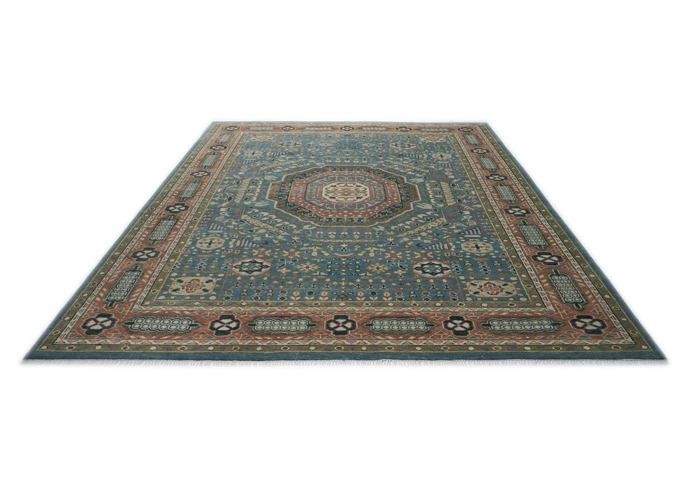 12x15 Blue, Rose, Green Color Hand Knotted Oushak Wool Traditional Oriental Rug