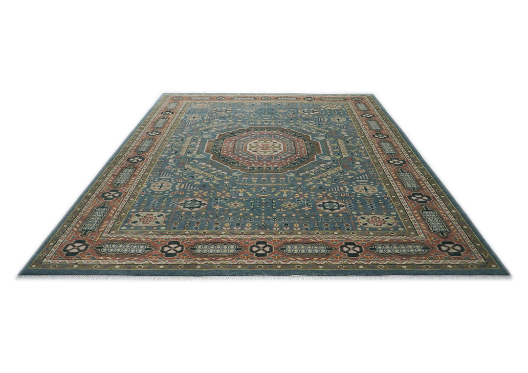 12x15 Blue, Rose, Green Color Hand Knotted Oushak Wool Traditional Oriental Rug