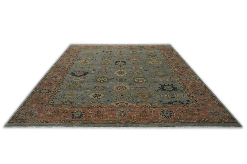 Palace Blue, Peach, Lime Color Hand Knotted Oushak Wool  Oriental Rug
